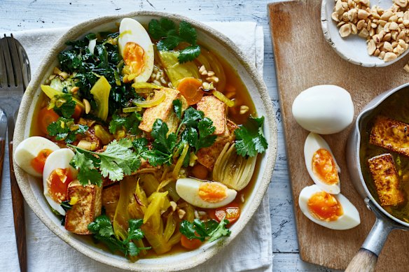 Karen Martini’s braised tofu with fennel, wombok, egg, brown rice and peanuts.