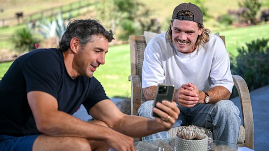 Billy Slater and Ryan Papenhuyzen relax on Slater’s farm this week.