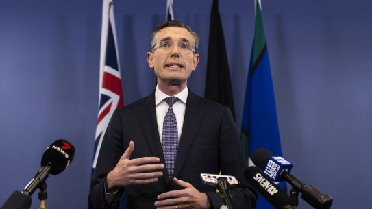 NSW Premier Dominic Perrottet addresses the media about the resignation of NSW Trade Minister Stuart Ayres. Sydney, August 3, 2022. Photo: Rhett Wyman/SMH
