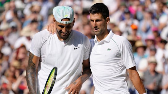 Kyrgios and Djokovic share a moment after the match.