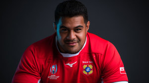 Vunipola Fifita posing in Tonga gear at the 2019 Rugby World Cup.