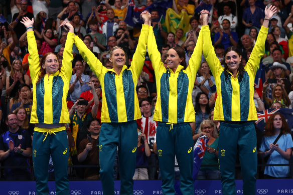 Australians (from left) Mollie O’Callaghan, Shayna Jack, Emma McKeon and Meg Harris after winning relay gold.