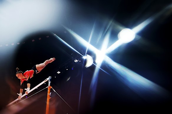 Silja Stoehr competes in the uneven bars during the Women’s qualification on day two of the Artistic Gymnastics World Championships in Jakarta.