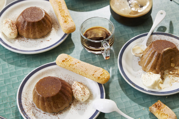 Emelia Jackson’s gently wobbly tiramisu panna cotta is made with gold leaf gelatin.