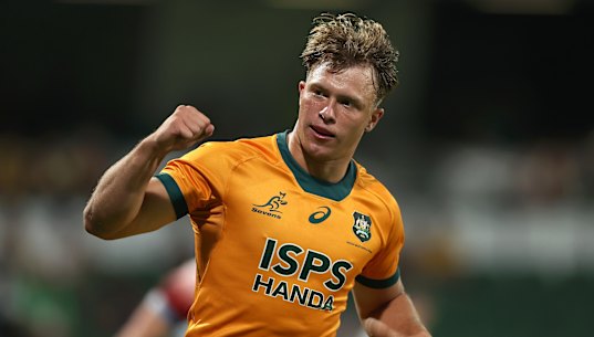 Darby Lancaster celebrates scoring a try in Perth.