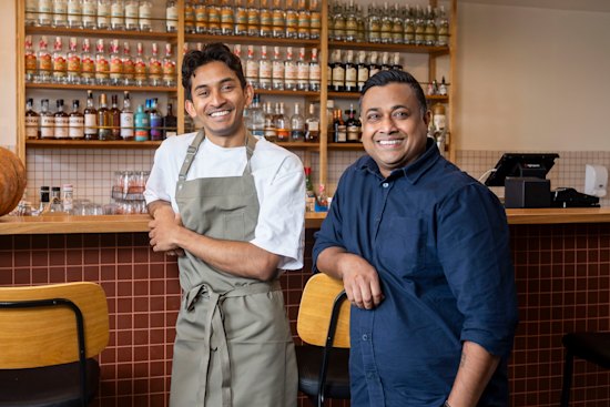 Good Food's Young Chef of the Year Viveik Vinoharan (left) and Mitch distillery Dutch Rules founder Danny Perera.