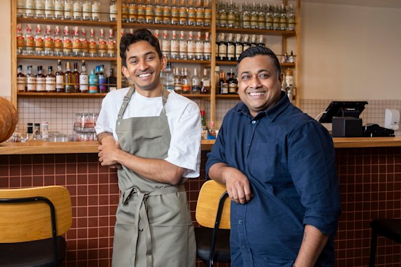 Good Food's Young Chef of the Year Viveik Vinoharan (left) and Mitch distillery Dutch Rules founder Danny Perera.