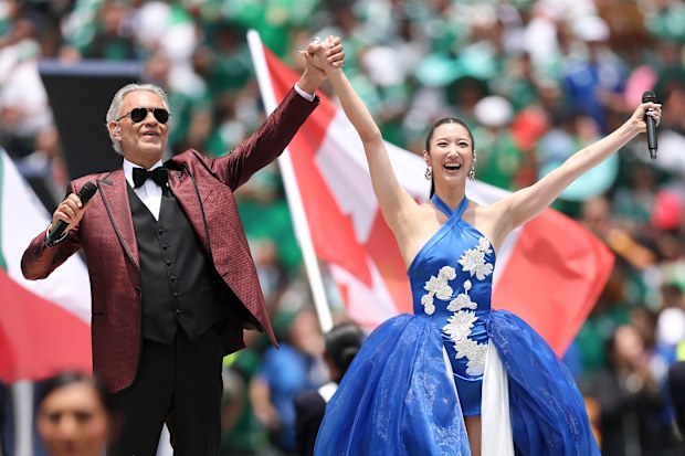 Andrea Bocelli and EJAE perform during the FIFA World Cup 2026