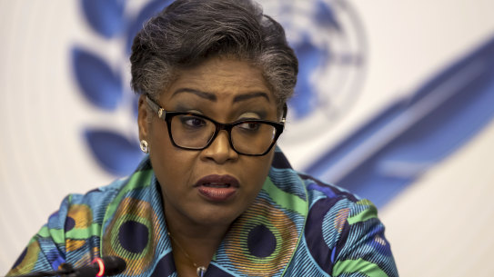 Prime Minister of the Democratic Republic of Congo Judith Suminwa talks to journalists during a press conference in Geneva.