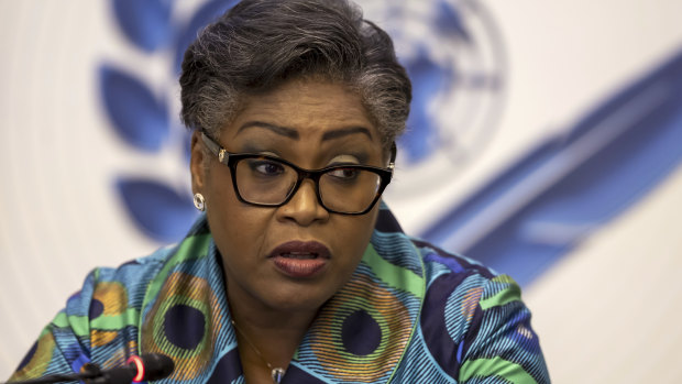 Prime Minister of the Democratic Republic of Congo Judith Suminwa talks to journalists during a press conference in Geneva.