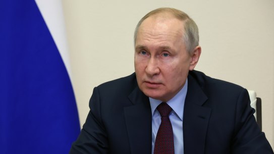 Russian President Vladimir Putin leads a cabinet meeting via videoconference at the Novo-Ogaryovo residence outside Moscow, Russia.