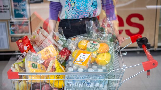 A trolley full of products covered in unnecessary plastic. 