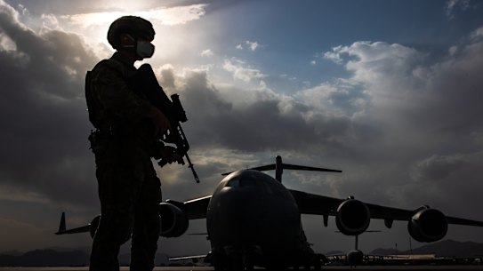 Royal Australian Air Force Airfield Defence Guards provide aircraft security at Hamid Karzai International Airport, Kabul