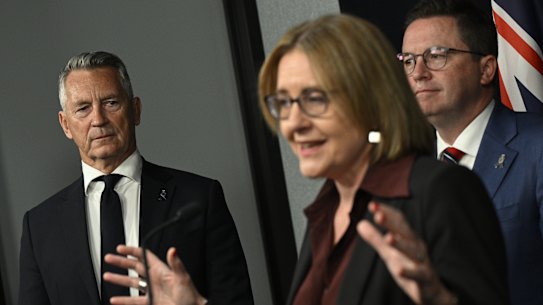 Premier Jacinta Allan with Victoria Police Chief Commissioner Mike Bush and Police Minister Anthony Carbines.