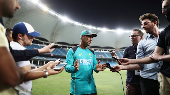 Justin Langer addresses the media in a scene in The Test.