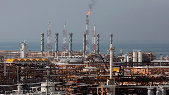 A partially constructed gas refinery at the South Pars gas field in 2014.