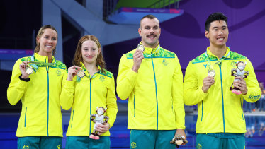 Gold medallists, Emma McKeon, Mollie O’Callaghan, Kyle Chalmers and William Zu Yang. 