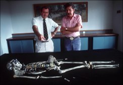 Dr Richard Leakey (left) pictured with a 1.6 million year old Homo erectus skeleton in Kenya in October, 1985.