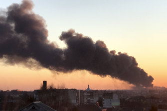 A cloud of smoke rises after an explosion in Lviv, western Ukraine.