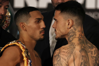 Teofimo Lopez and George Kambosos face off after their weigh-ins.