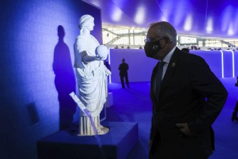 Prime Minister Scott Morrison walks towards a bilateral meeting during the G20 Summit in Rome, Italy, on Saturday 30 October 2021.