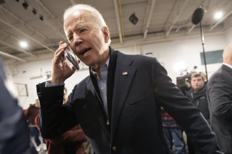 Democratic presidential candidate former vice-president Joe Biden wishes supporter Barbara Moroney a happy 80th birthday on the phone in February.