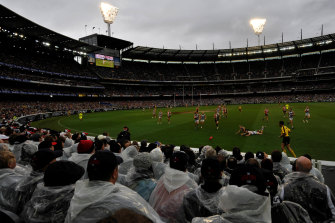 Footy fans in ponchos at the 2009 grand final between Geelong and St Kilda, which Libby Birch attended with her family.