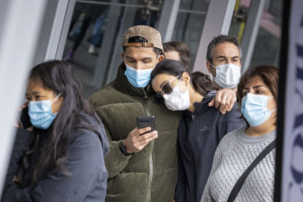 People lining up for their Covid 19 vacination at the Exhibition Centre in Melbourne earlier this week.