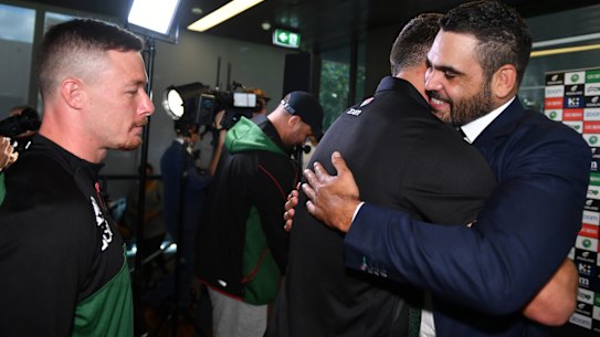 Time to go: Greg Inglis bids farewell to teammates on Monday.