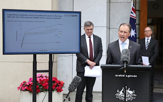 Health Secretary Brendan Murphy, Health Minister Greg Hunt and Chief Medical Officer Paul Kelly set out the COVID-19 vaccine roadmap on January 7.