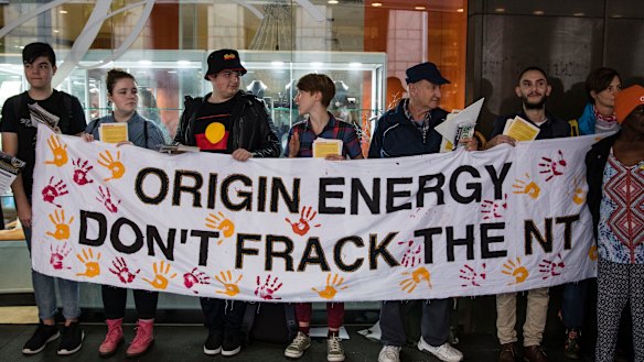 Anti fracking protestors outside the Origin Energy Annual General Meeting held at the Sofitel Wentworth in Sydney this week.