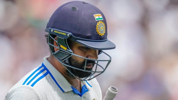 Rohit Sharma trudges off after an ugly dismissal.