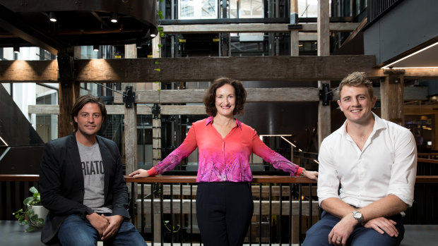 WeWork general manager Balder Tol, TransitionHub founder Louise Watts, and TransitionHub coach and former Wallaby, Dean Mumm, at WeWork's space in Pyrmont, Sydney.