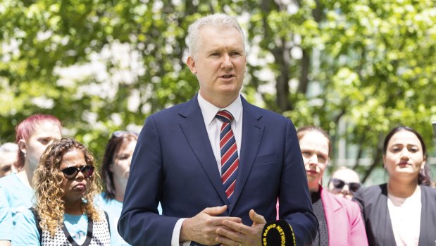 Burke stood with early educators at Parliament House after the industrial relations bill passed the lower house on Thursday.