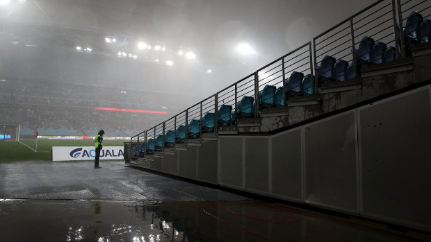 Heavy rain forced the delay of a Sydney derby in 2018, but Saturday's match risks being postponed.