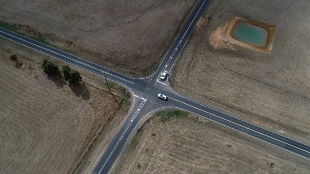 Aerial shot of the intersection at Birregurra-Forrest and Colac-Lorne roads {at Deepdene Road} in Birregurra. The site of several car crashes including one where a man died.  