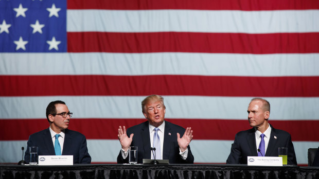Former President Donald Trump and former Boeing CEO Dennis Muilenburg (right) three years ago; Boeing hoped new US tariffs would reverse some of the gains that Airbus had made in the global aviation market. 
