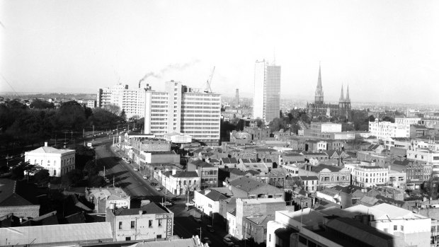 Melbourne's changing skyline, 1958:  Commonwealth Centre, 275 Spring Street [L]; I.C.I. House, 1 - 4 Nicholson Street [R}