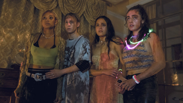 A weekend away goes horribly wrong for (from left) Amandla Stenberg, Maria Bakalova, Chase Sui Wonders and Rachel Sennott in Bodies Bodies Bodies.