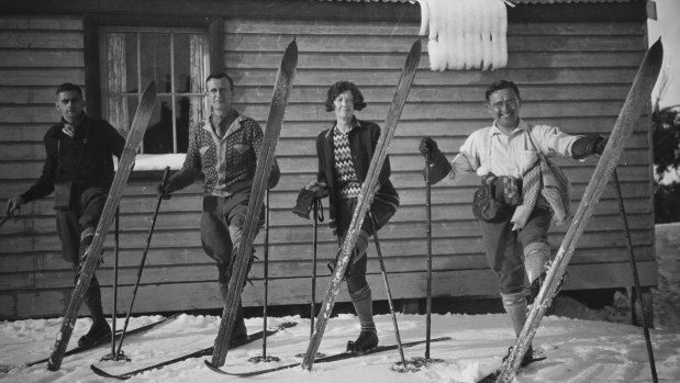 Ski Club of Victoria members show their style at a hut on the BogongHigh Plains in the 1930s.
