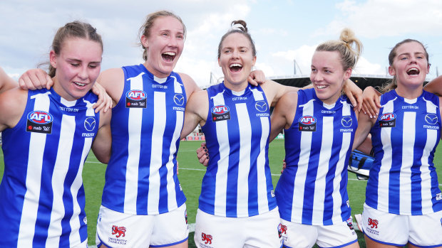 Roo beauty: North Melbourne players celebrate after a big win over Richmond at Ikon Park in Melbourne.