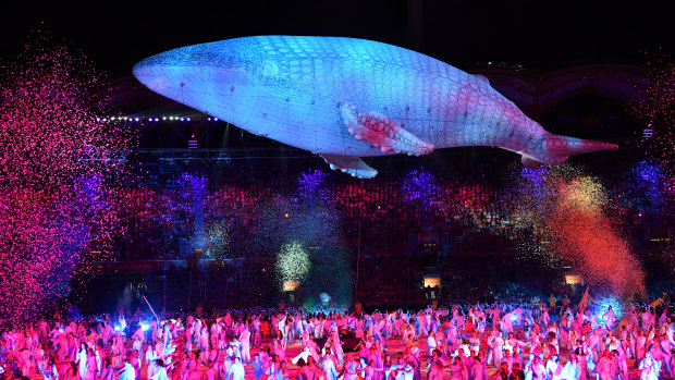 Migaloo the whale floats above the stadium during the opening ceremony of the XXI Commonwealth Games at Carrara Stadium.