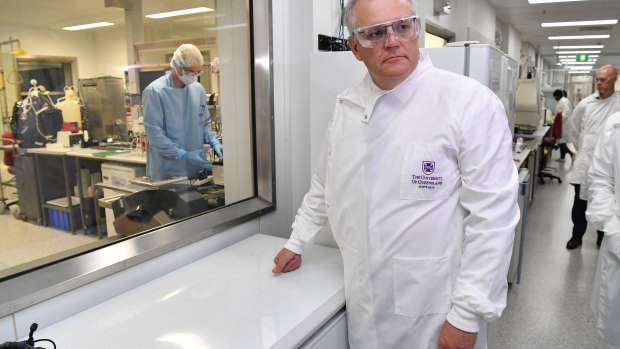 Prime Minister Scott Morrison during a tour of the University of Queensland Vaccine Lab in October, before the government ended its collaboration.