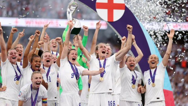 England celebrate after beating Germany at Wembley Stadium in the Women’s Euro 2022 final.