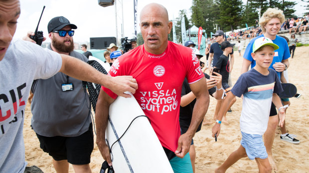 No joy: Kelly Slater has crashed out of the Sydney Surf Pro in his second heat. 