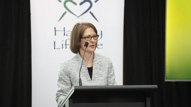 Department of Human Services deputy secretary Rebecca Cross  at the launch of the department's Hartley Lifecare Cycle Challenge Team. 
