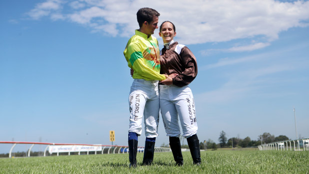 Jockey couple Blake Spriggs and Rachel King, who will become the first female to ride in The Everest.