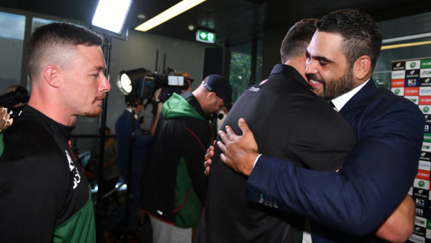 Time to go: Greg Inglis bids farewell to teammates. The Rabbitohs v Broncos clash will double as a farewell game the retired superstar.