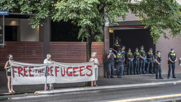 A large police presence outside the Park Hotel on Thursday.