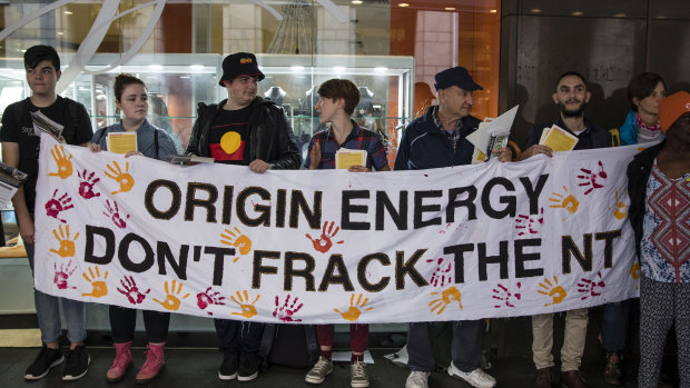 Anti fracking protestors outside the Origin Energy Annual General Meeting held at the Sofitel Wentworth in Sydney this week.